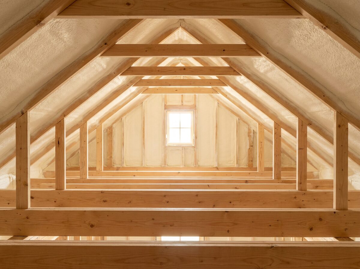 Attic with evenly applied open-cell spray foam insulation