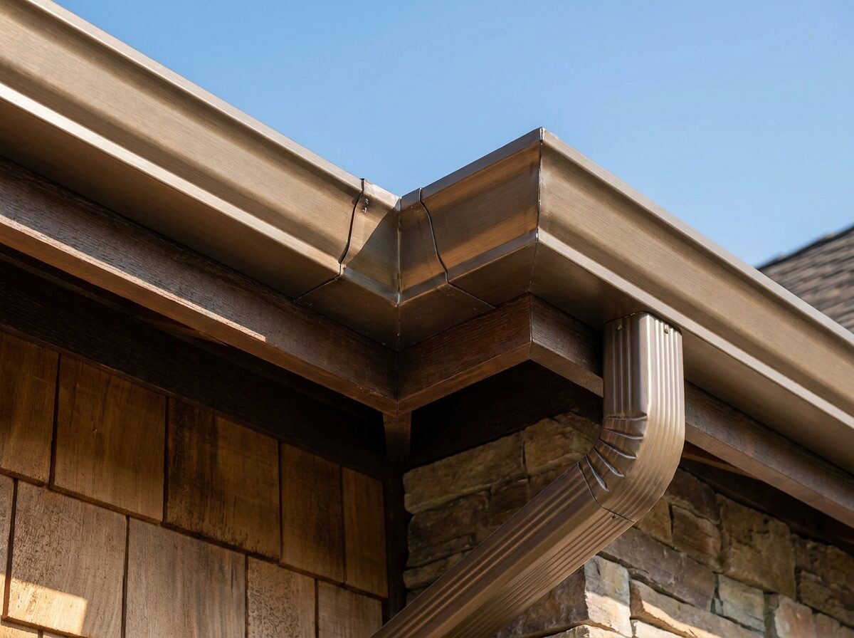 Freshly installed seamless bronze gutter and downspout on an upscale home